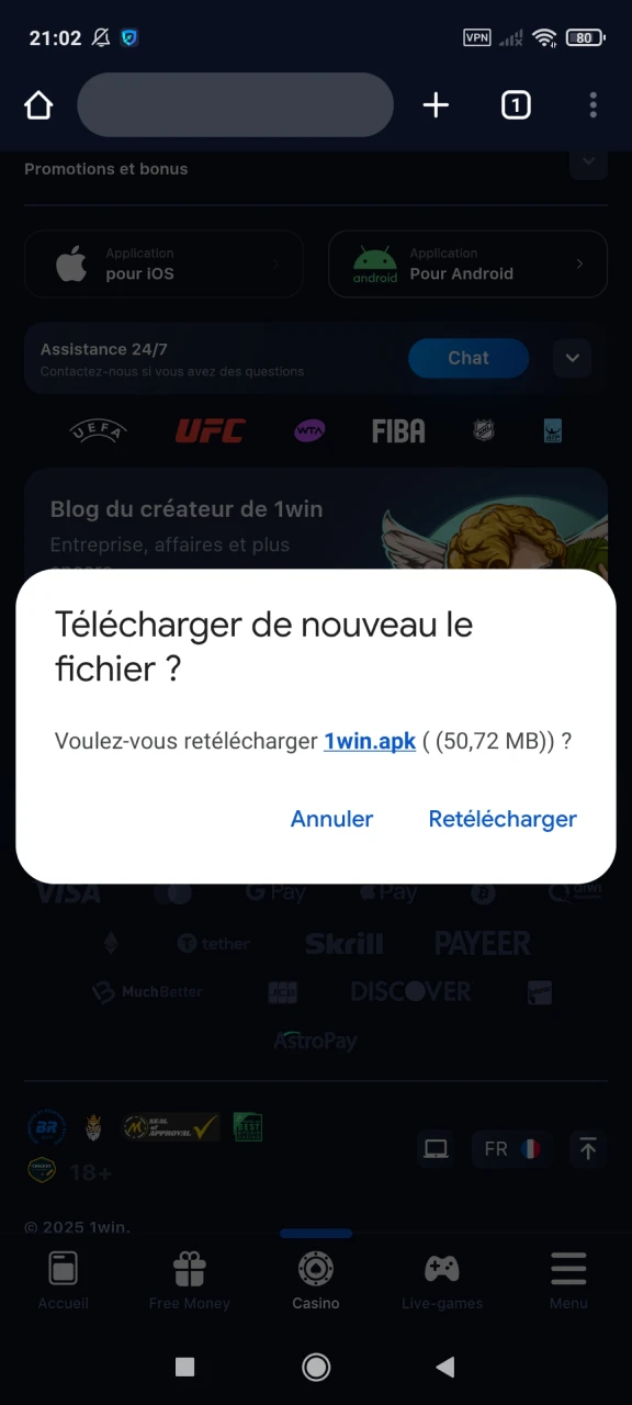 Commencez à télécharger l'application 1win pour Android.