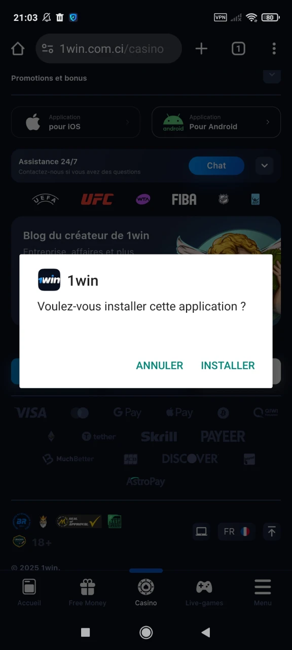 Commencez à installer l'application 1win pour Android.