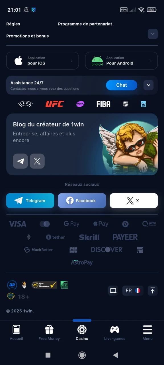 Ouvrez la page de téléchargement de l'application 1win pour Android.