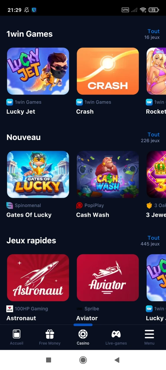 Il y a un casino dans l'application 1win.