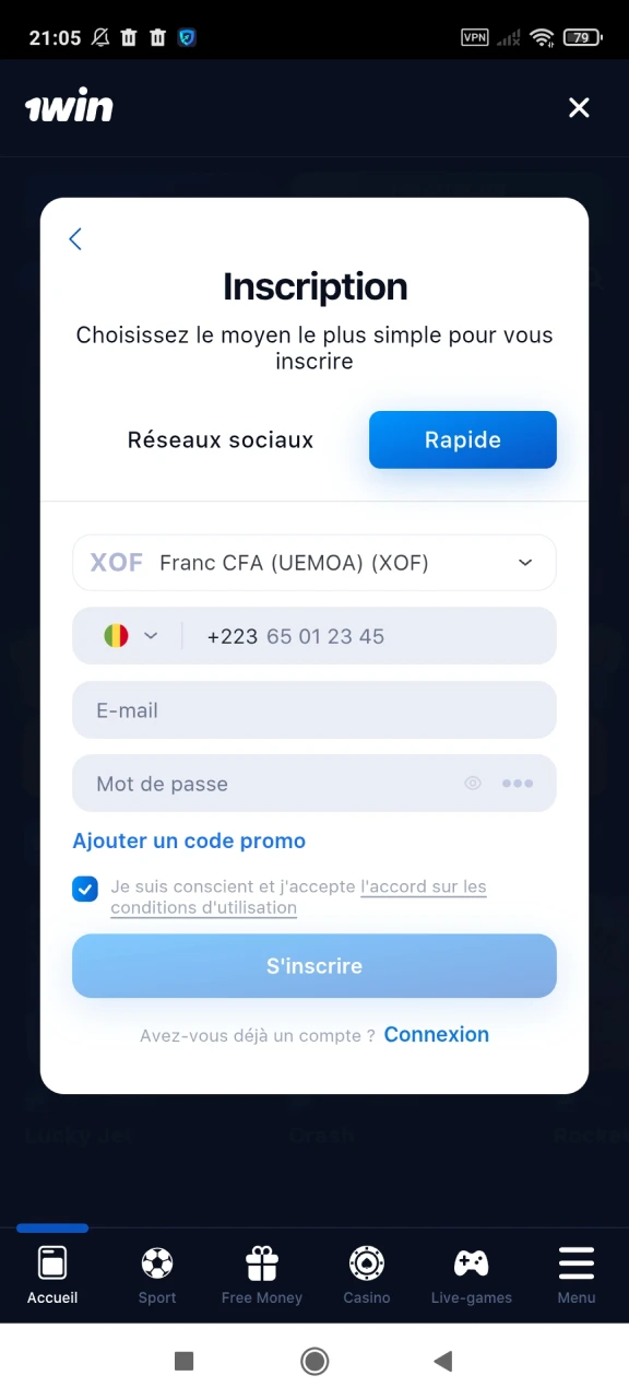 Nous vous parlerons de l'inscription dans l'application 1win.