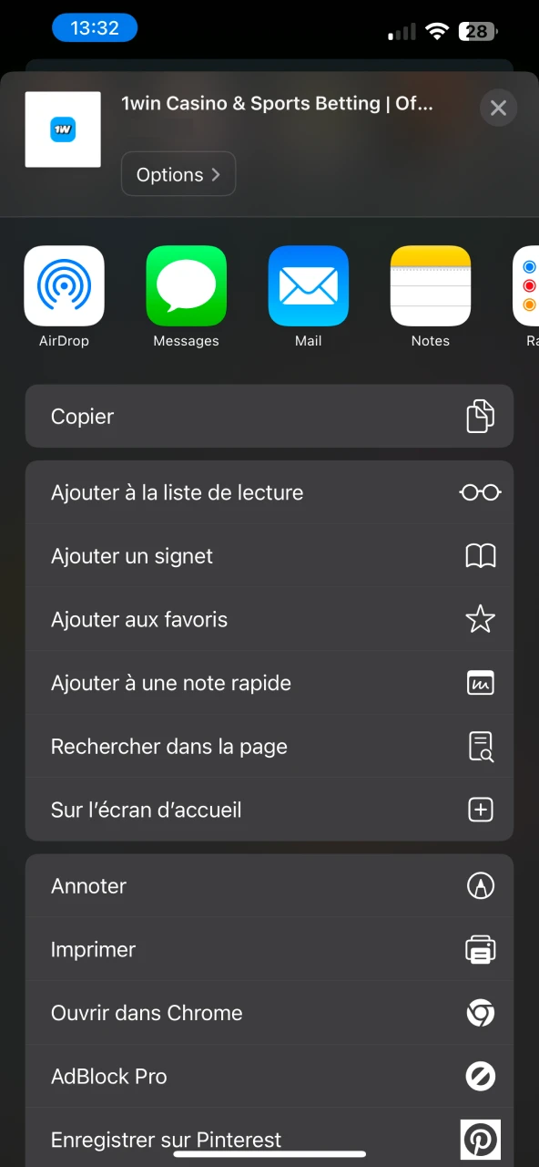 Cliquez sur le bouton Ajouter à l'écran d'accueil pour installer l'application 1win sur iOS.