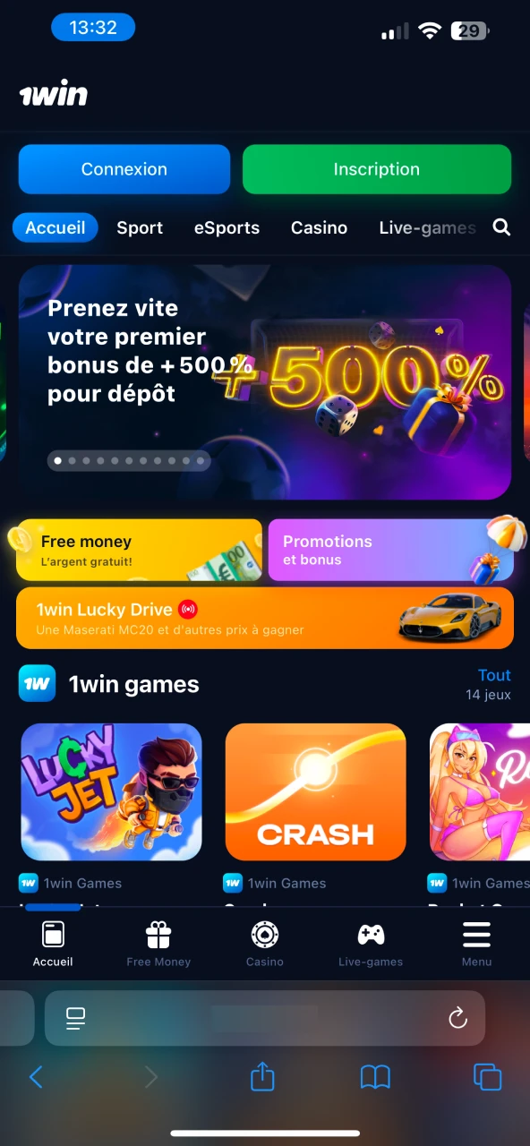 Cliquez sur le bouton Partager pour ajouter l'application 1win à iOS.