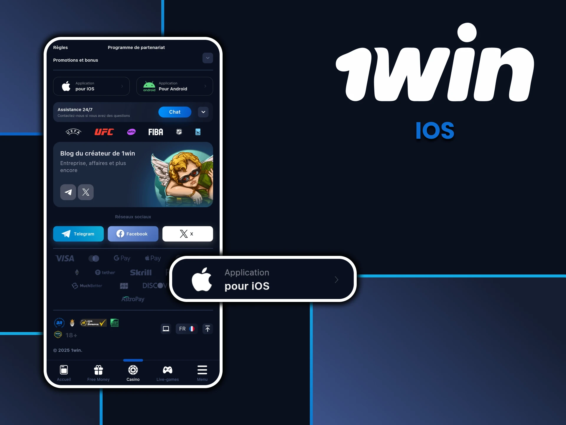 Mise à jour de l'application 1win pour iOS.
