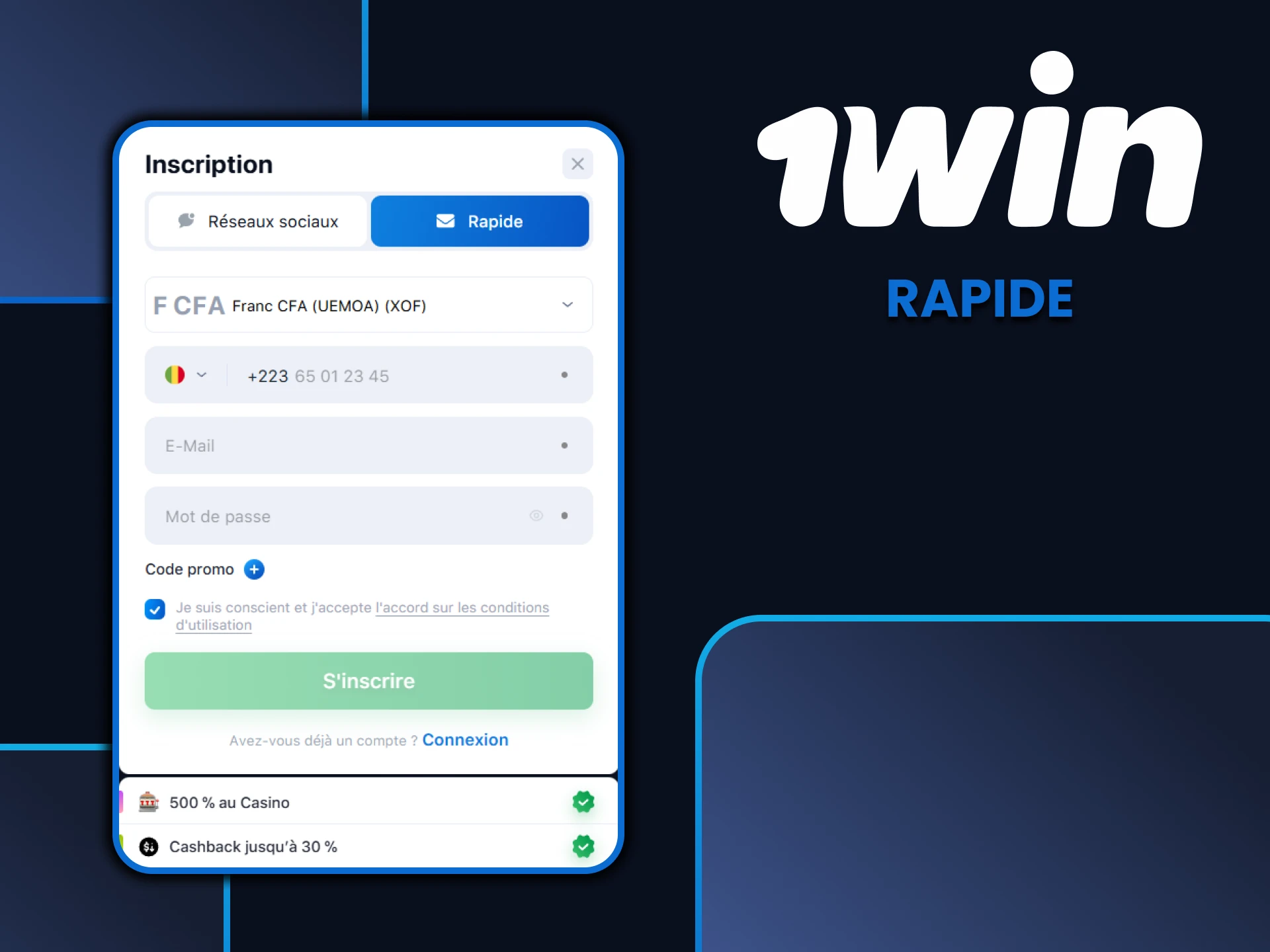 Utilisez la méthode d'inscription rapide de 1win