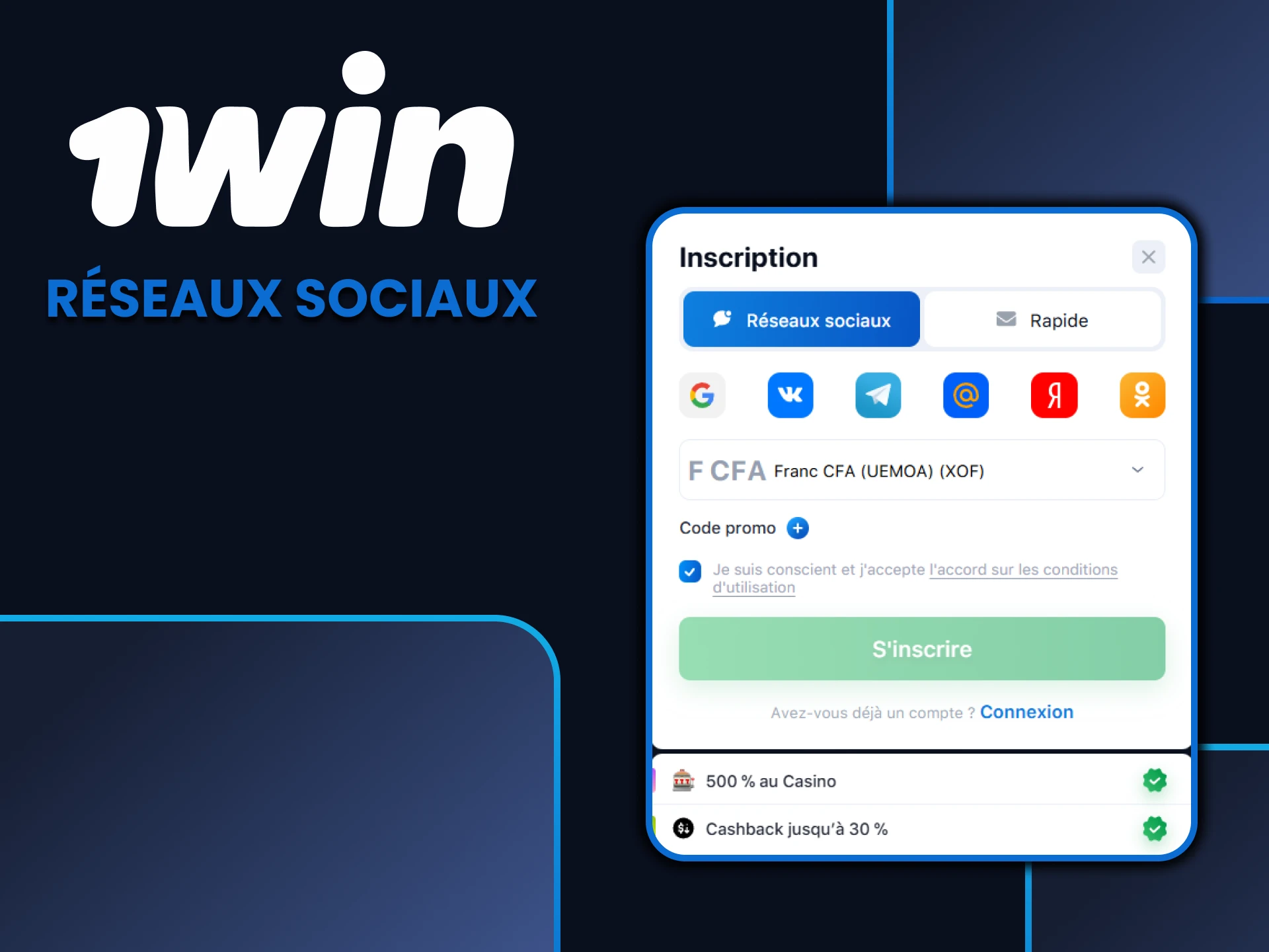 Utilisez les réseaux sociaux pour vous inscrire sur 1win.
