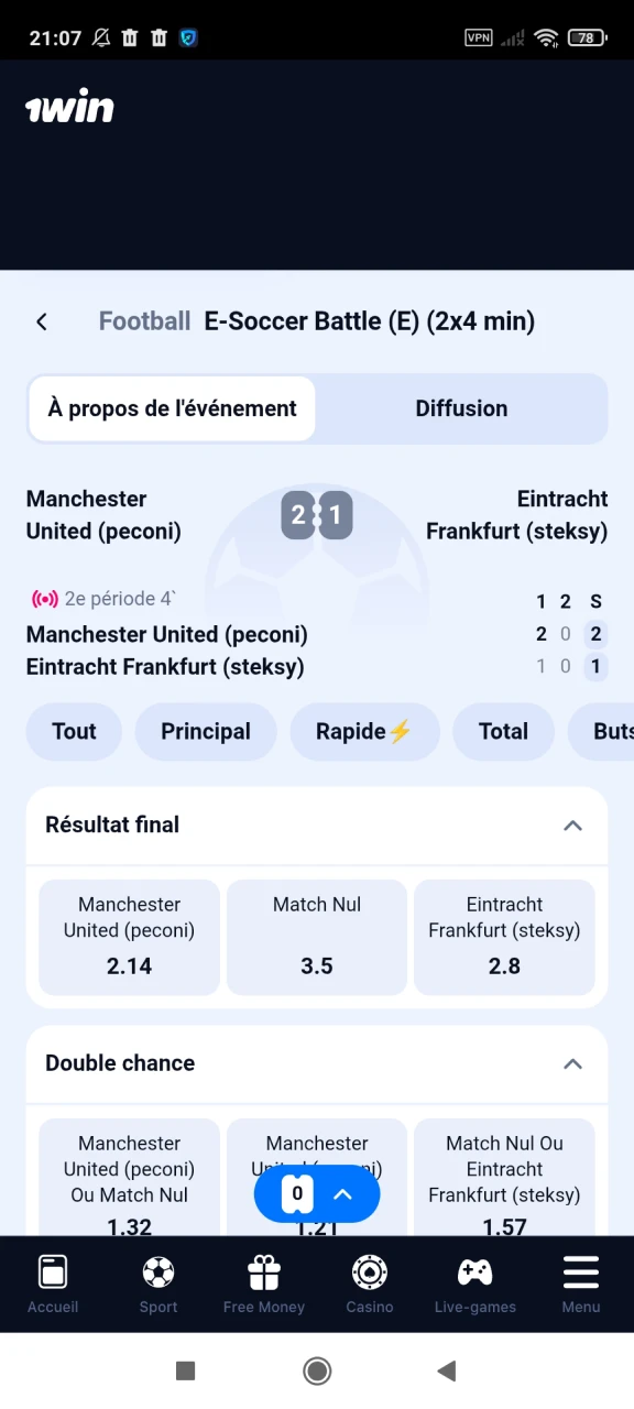 Sélectionnez un match pour les paris sportifs de 1win.